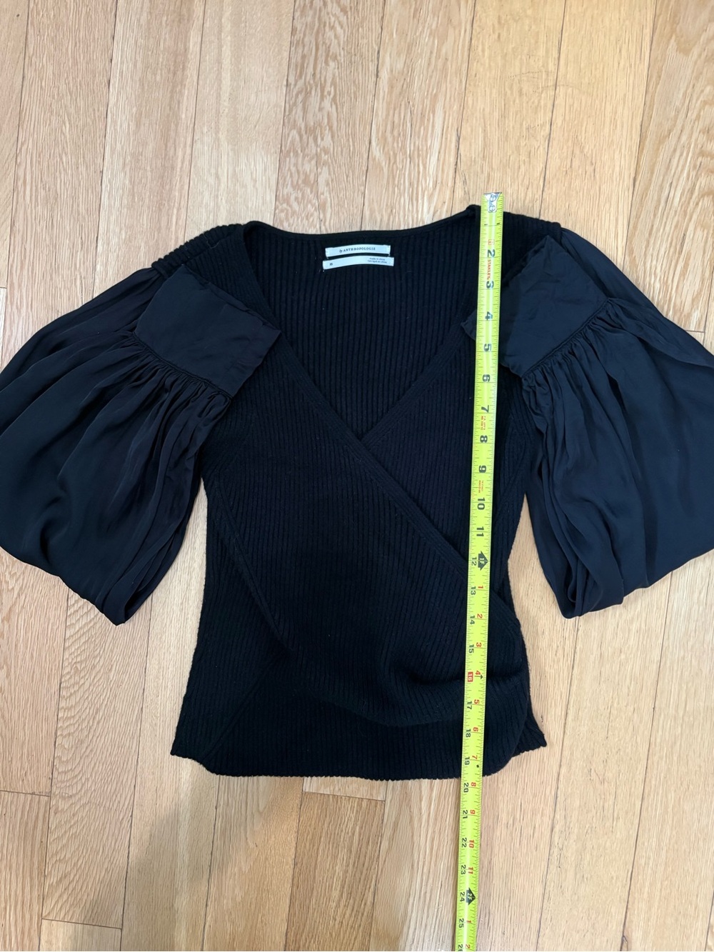 Anthropologie Mixed Media Ribbed Wrap Top Black Bishop Sleeve Poetcore Blouse XS - Picture 5 of 7